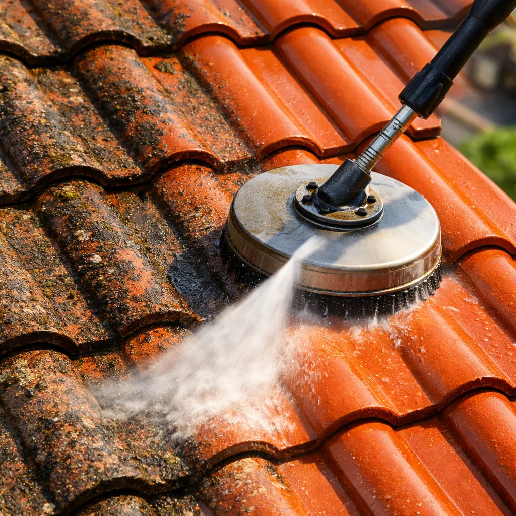 Nettoyage de tuiles en ciment et terre cuite sur une toiture bressane