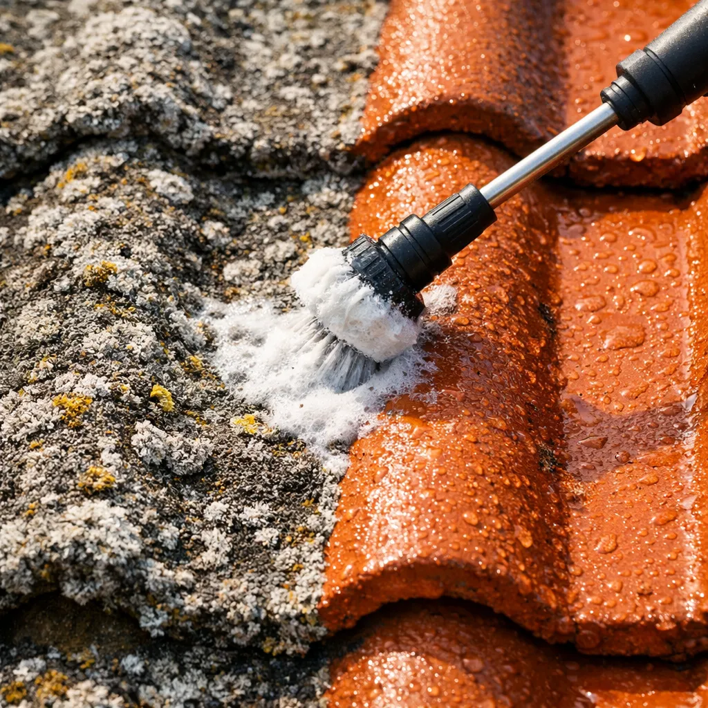 Traitement contre le lichen sur tuiles de toiture en Bresse bourguignonne